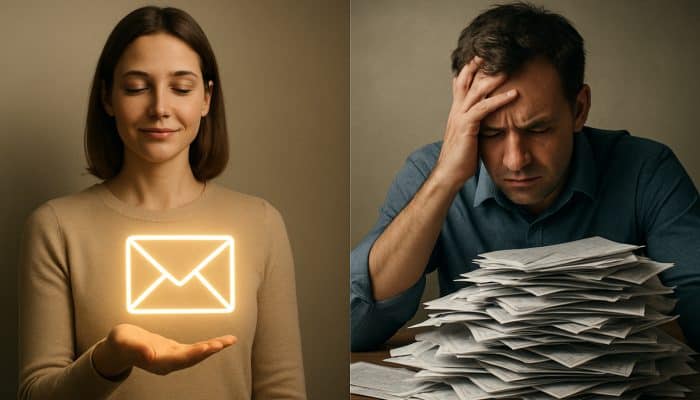 Woman holding an email icon, representing debt management solutions.