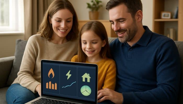 Family reviewing financial options on laptop for debt consolidation loans.