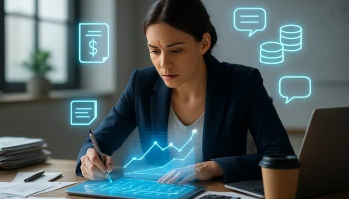 Young woman managing finances with digital graphs and icons for debt consolidation loans.