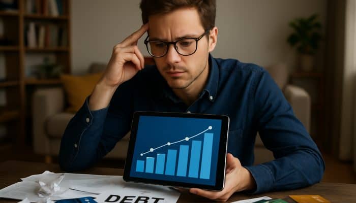 Helping Young Workers Map Their First Debts: Essential Tips | DCL Helping Young Workers Map Their First Debts: Young UK professional mapping debts on digital chart, surrounded by student loan papers and credit cards.