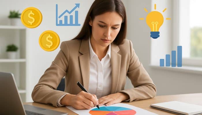Helping Young Workers Map Their First Debts: Essential Tips | DCL Young professional mapping debts on colorful chart with coins, graphs, and lightbulb icons.