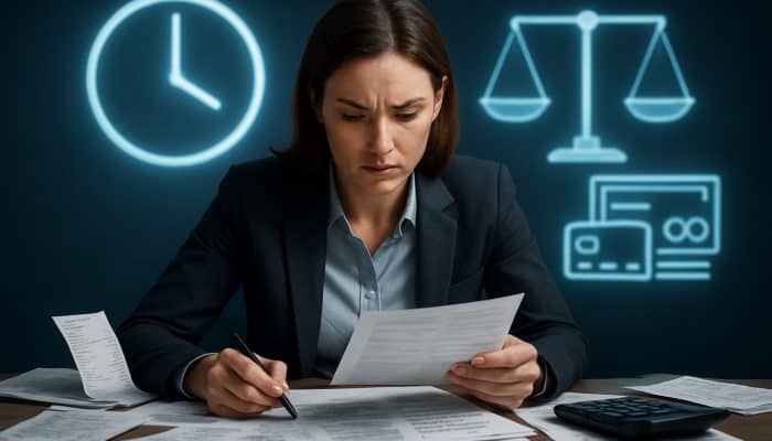 Woman reviewing financial documents with clocks and scales icons in background.