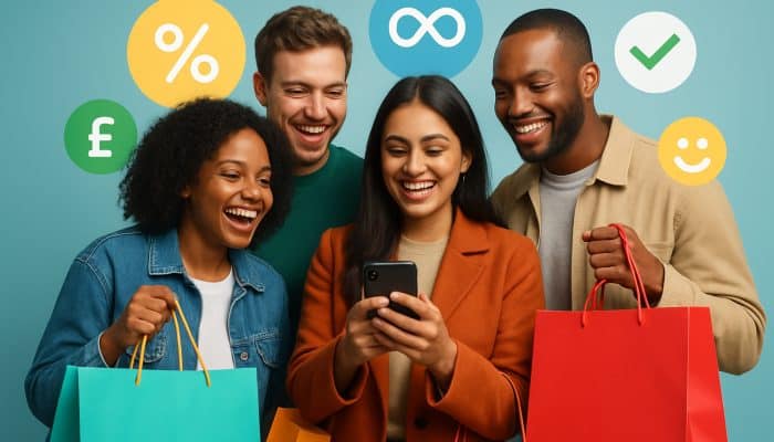 Diverse UK shoppers joyfully using BNPL app for ASOS and Amazon buys, with colorful bags and interest-free icons.