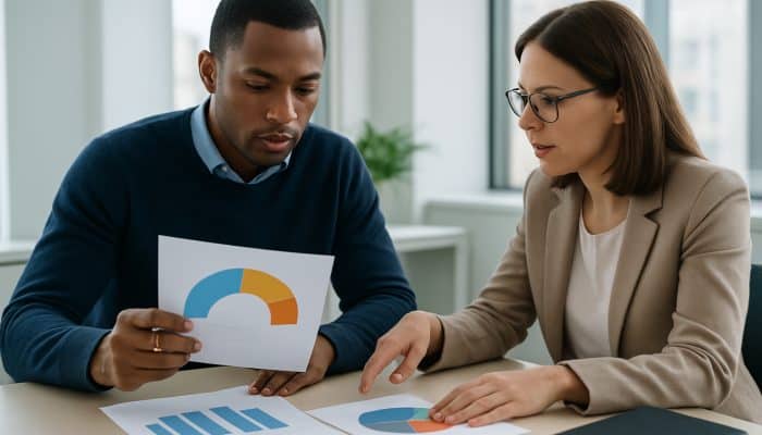 Individual in UK office reviews credit score charts and BNPL debts with financial adviser.
