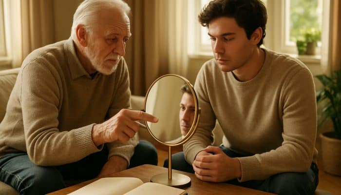 Elderly man and young man discussing financial advice with mirror reflection.