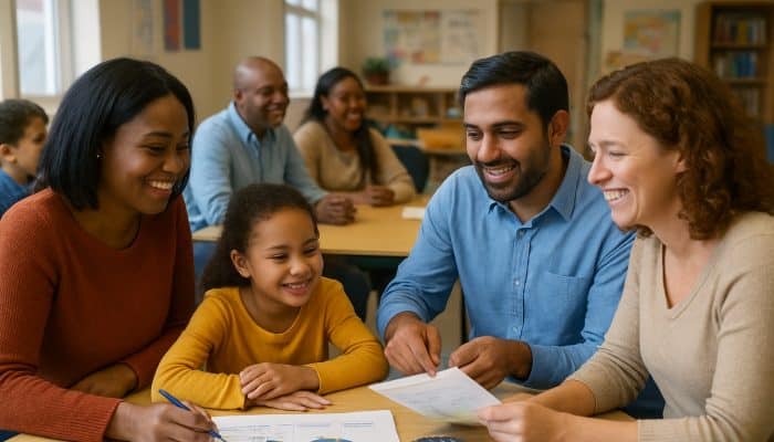 Supporting Relatives To Seek Their Own Advice | DCL Diverse families in a UK community center, sharing financial literacy ideas with warm smiles.