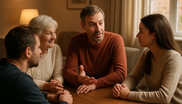 Supporting Relatives To Seek Their Own Advice | DCL UK family sharing stories around a wooden table, one gesturing animatedly as others listen intently.