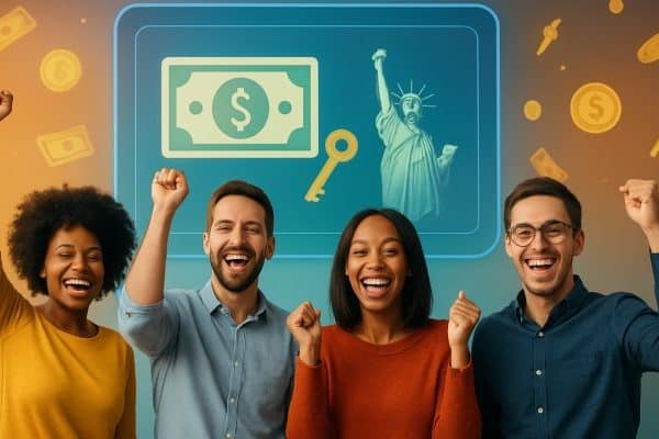 Happy diverse group celebrating financial freedom with debt consolidation options.