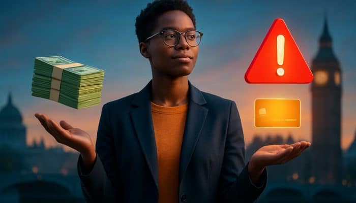 Loan Options With No Property As Security: Confident person balancing UK unsecured loans: cash stack, glowing credit card, and overdraft warning sign.