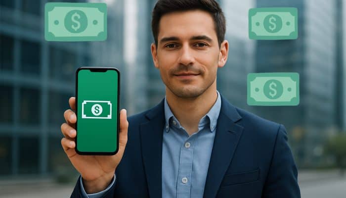 Confident person holding smartphone with loan app, surrounded by digital cash icons, symbolizing unsecured loans in urban setting.