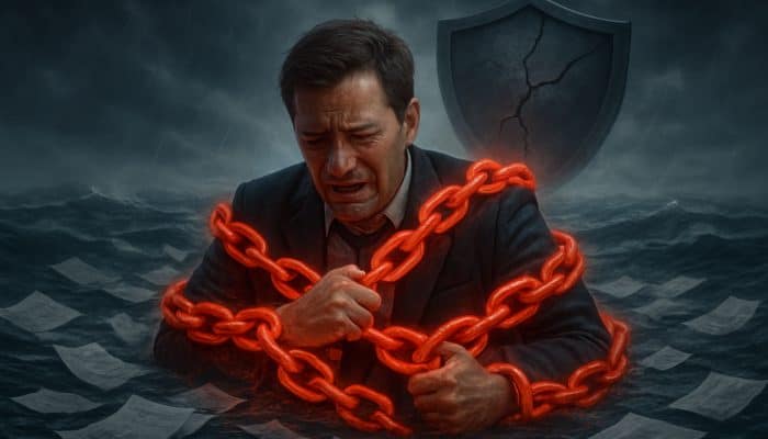 Stressed borrower entangled in red interest rate chains, sinking in unpaid bills sea with cracked credit shield.