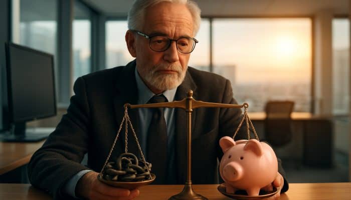 Elderly man balancing coins and piggy bank, representing debt consolidation and financial planning.