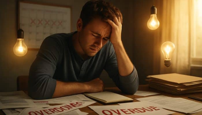 Man stressed over overdue loan payments at desk with overdue notices.