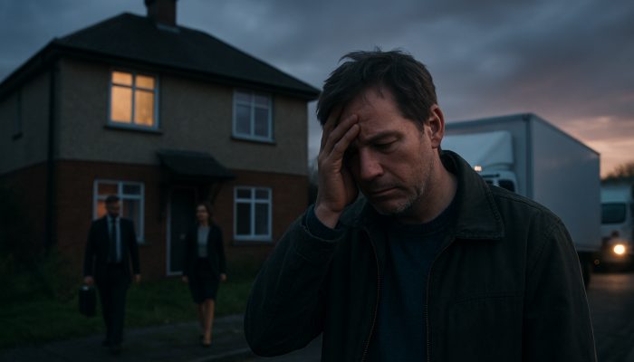 Distressed UK homeowner outside foreclosed house at dusk, with bank officials and moving trucks arriving.