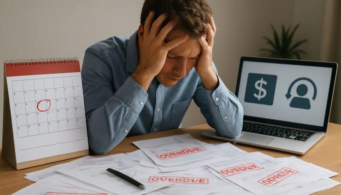 Frustrated man overwhelmed with unpaid loan bills and financial stress.