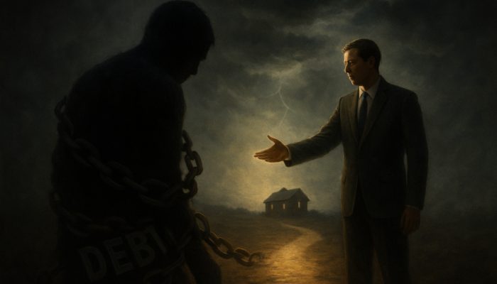 Man offering help to a debtor with chains labeled "DEBT" in a dark setting.