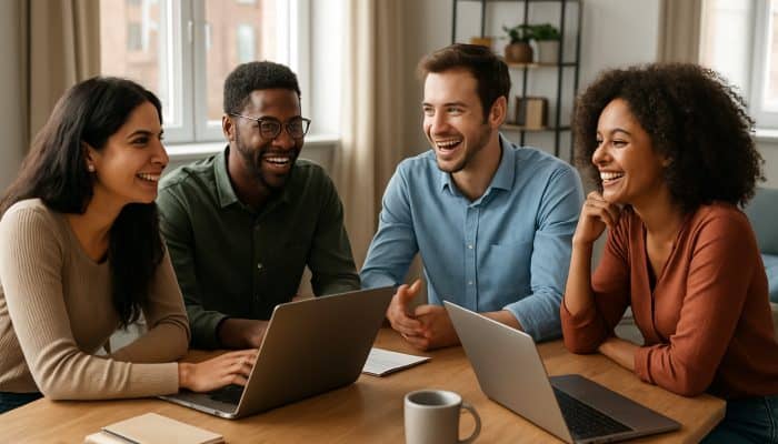 Group of friends discussing finances with laptops, promoting debt consolidation loans.