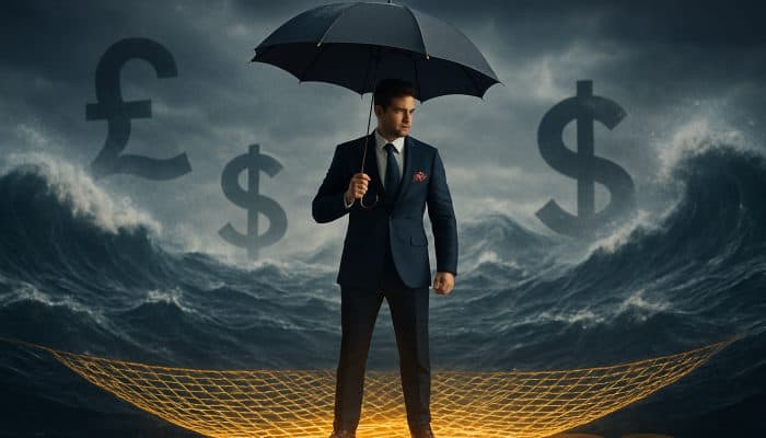 UK retail professional on glowing gold coins, shielding from seasonal currency storms.