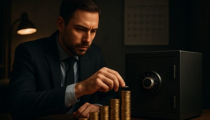 Man saving money with coins and safe, focusing on debt consolidation loans.