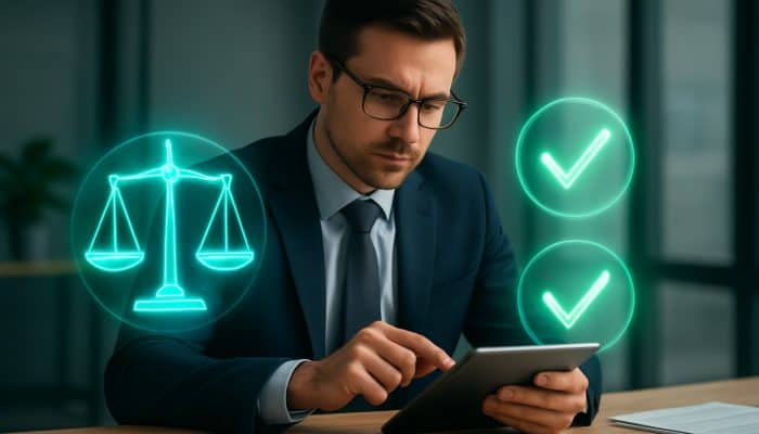 Businessman reviewing debt consolidation loans on tablet with checkmarks.