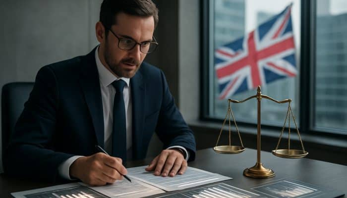 Ensuring Balances Report As Satisfied: Essential Tips | DCL Accountant reviewing balance sheets in modern London office, with golden scale and Union Jack symbolizing precision and compliance.