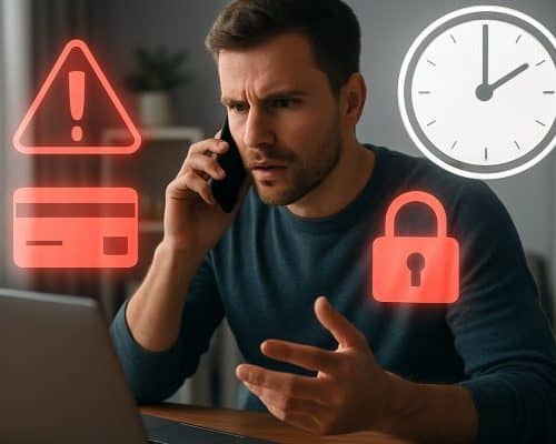 Man reporting fraud to bank on laptop with security icons.