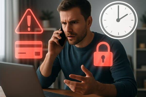 Man reporting fraud to bank on laptop with security icons.