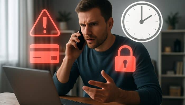 Man reporting fraud to bank on laptop with security icons.