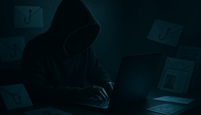 Reporting Fraud To Your Bank Quickly: Essential Tips | DCL Reporting Fraud to Your Bank: Shadowy hacker transferring funds on computer, surrounded by phishing emails and forged documents, depicting UK fraud.