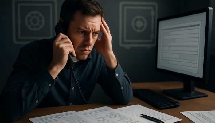Reporting Fraud To Your Bank Quickly: Essential Tips | DCL Man reporting fraud to bank about debt issues on phone.