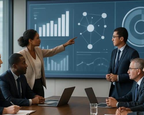 Support team discussing debt consolidation loans strategies in a meeting.