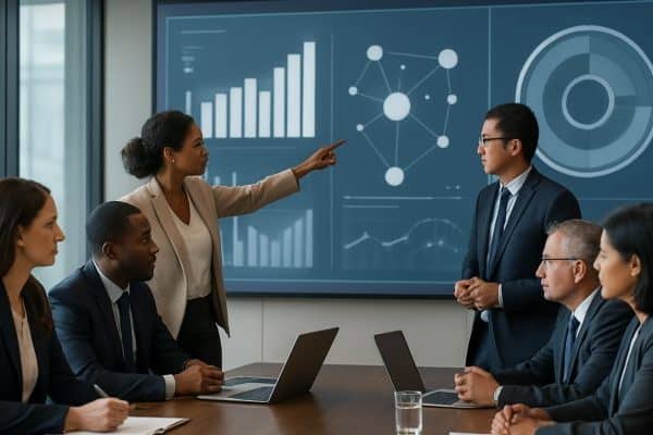 Support team discussing debt consolidation loans strategies in a meeting.