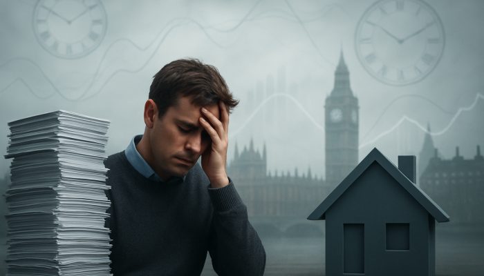 How To Track Every Balance You Owe: Effective Strategies | DCL Track Every Balance: Stressed UK resident overwhelmed by debt stacks, mortgage house, and graphs in foggy London.