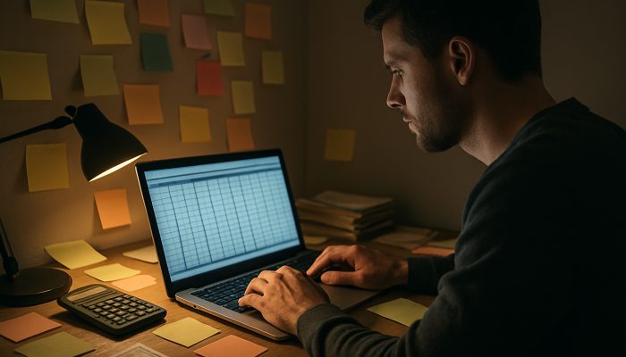 How To Track Every Balance You Owe: Effective Strategies | DCL Focused individual reviewing outstanding balances on laptop in cluttered home office with sticky notes and bills.