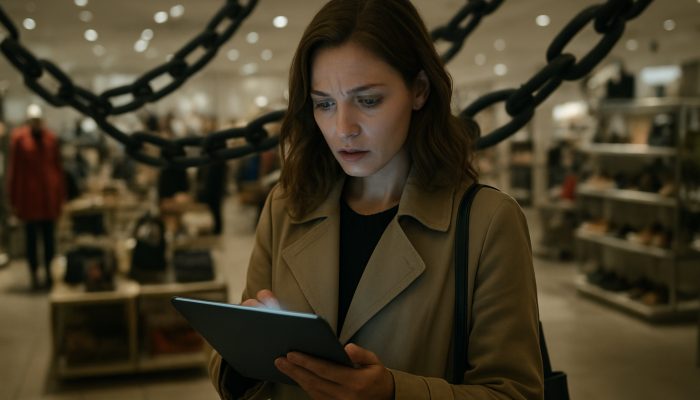 Replacing Store Credit With One Simple Loan: A Smart Choice | DCL Cautious shopper examines UK store credit terms on tablet amid displays and debt chains.