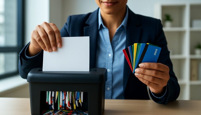Replacing Store Credit With One Simple Loan: A Smart Choice | DCL Confident person shreds colorful credit cards in modern office, replacing with sleek loan document.