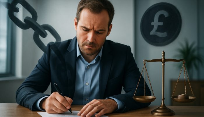 Replacing Store Credit With One Simple Loan: A Smart Choice | DCL Cautious UK borrower signs loan agreement at desk, with shadowy chains, coins, and a scale balancing savings against hidden fees.