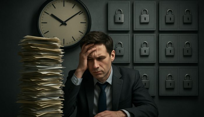 Handling Irregular Pay and Fixed Loan Dates: Tips | DCL Irregular Pay: Stressed financial planner juggling irregular paychecks and fixed loan calendars in a dim office.