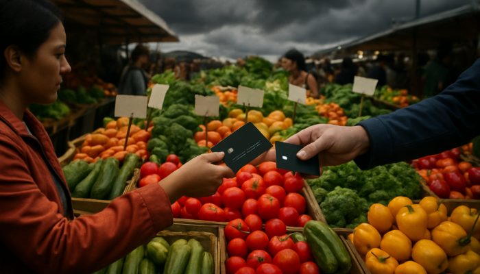 Food Costs Vs Card Payments Trade Offs: Balancing Your Budget | DCL Vibrant market stall with fresh produce, fluctuating prices, and shoppers swiping credit cards amid inflation.