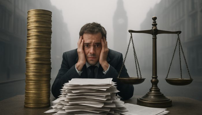 Worried UK borrower buried under coins and loan documents in foggy street, scale tipping on debt ratios.