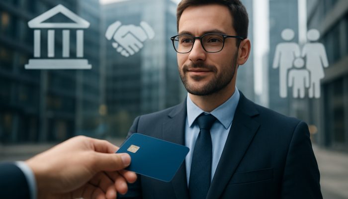 Trustworthy person receiving credit card in UK cityscape, handshake, banking icons, and family portraits symbolizing secure financial transfer.