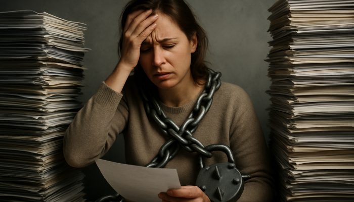 Shopper overwhelmed by stacks of catalogues and bills, chained by high-interest UK debt.