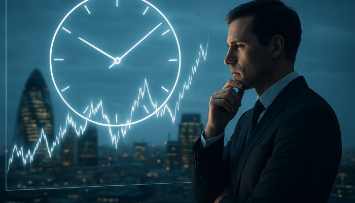 Talking to a Broker About Safer Structures: Essential Tips | DCL Sharp-dressed London broker analyzing stock market graphs on a screen with clock for optimal investments.