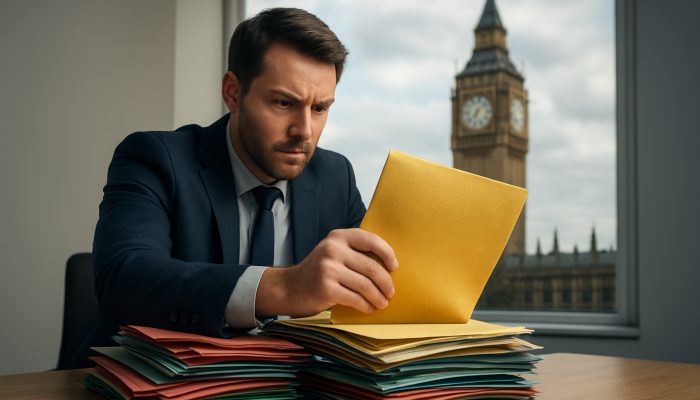 Determined person consolidating colorful debt bills into golden loan in London office, with Big Ben.