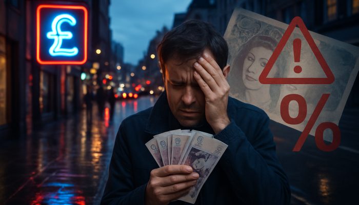 Bustling UK street at dusk: Glowing Wonga sign, stressed borrower clutching cash amid high interest warnings.