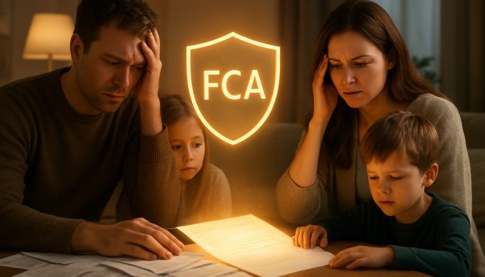 Stressed UK family merging debt bills into glowing loan under FCA shield for financial relief.