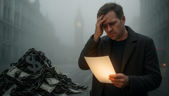 Stressed UK resident in foggy London street transforms chaotic debt pile into glowing consolidation document.