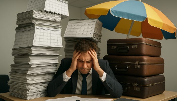 Stressed office worker buried under calendars, suitcases, and umbrellas symbolizing unused holiday days.