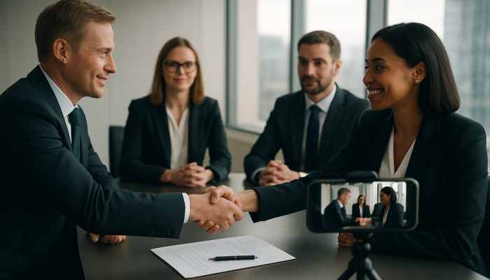UK executives shaking hands over signed contract in sleek office, with smartphone recording discussion.