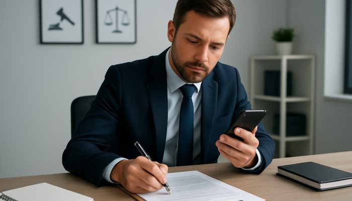 Professional recording phone call while signing contract in modern office.